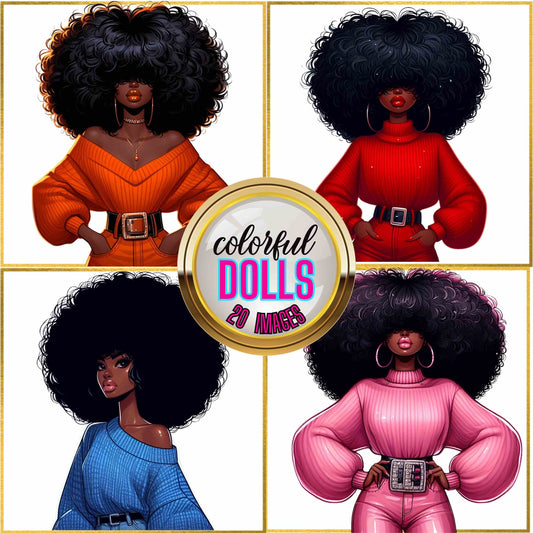 Colorful Dolls Digital Image Bundle – 20 Afrocentric Fashion Dolls for Sublimation, Clipart, and Digital Design Projects